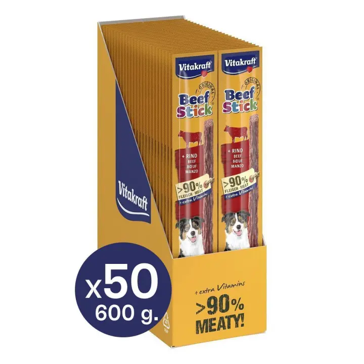 VITAKRAFT - Beef Stick Snack en Stick Para Perros Sabor Buey o Pavo Alto en Carne, Gluten Free y Sin Azúcar (Pack 50x12g) - 1