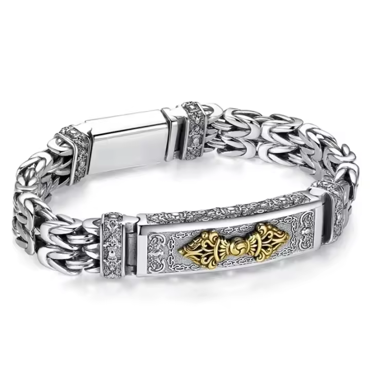 Pulsera De Hombre Estilo Chino Retro Hipster En Color Plata Joyería De Moda Creativa Y Personalizada Con Patrón Sencillo Accesorios De Cadena - 1