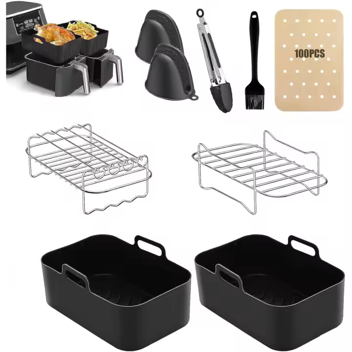 Accessories, Set of 8 for Ninja Dual DZ201/401 & Most 8Qt-10Qt, Include 2 Dual Air Fryer Racks &2 Silicone Air Fryer Liners & 2 Silicone Gloves & 1 Food Clip &100PCS Paper Lining - 1