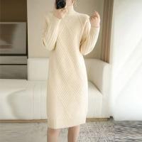 Abrini Suéter De Lana Mujer Otoño Invierno Vestido Elegante Lady Office Mock Neck Ribbed Solido A-Line Pullover De Cuello Alto - details 11