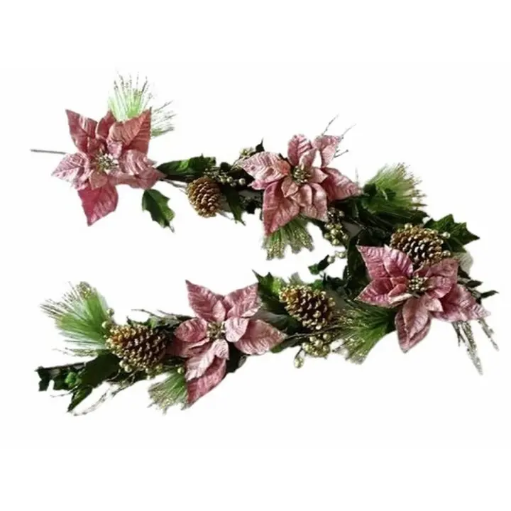Gerimport Guirnalda Poinsetia Decoración Navidad Rosas Piña Oro 183 Cm Hogar Elegante - 1