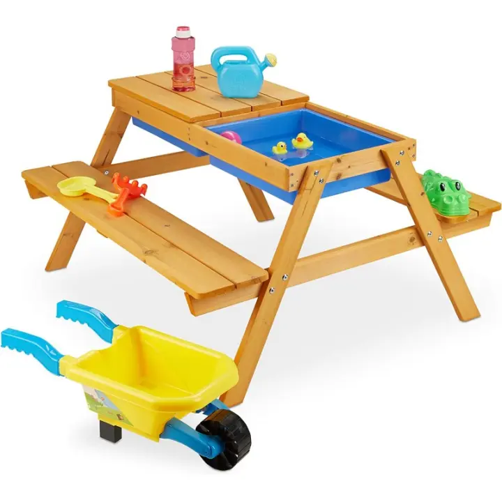 ATAA Banco Liverpool Mesa de picnic para niños de Madera sostenible, banco de madera natural certificada FSC, con 2 bacs sensoriales, idea para jardín, mesa de juego infantil de madera maciza, segura y de calidad - 1