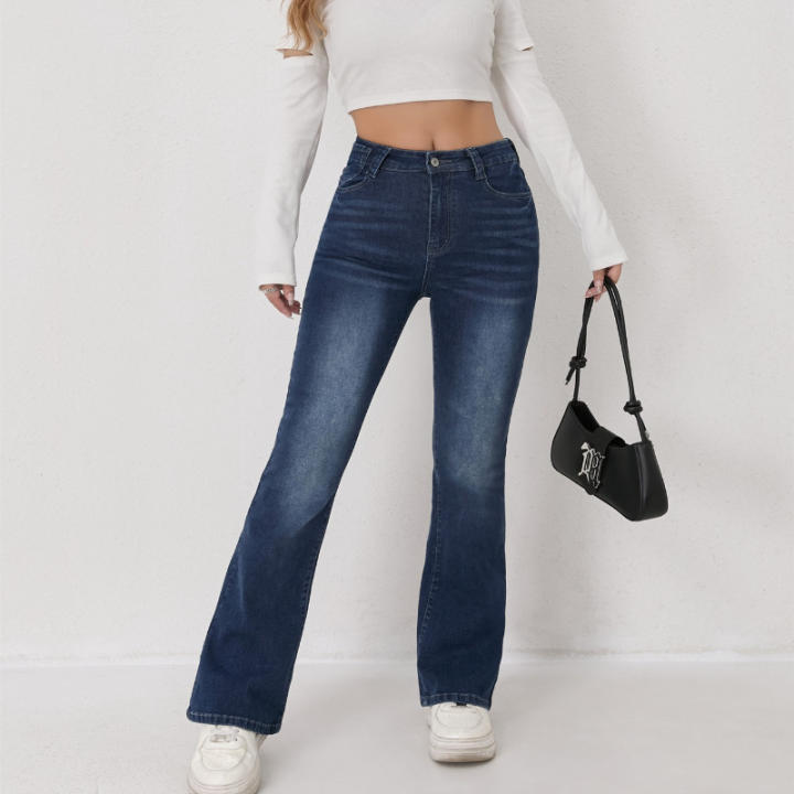 AOSSVIAO 2026 Pantalones De Mezclilla Para Mujer Cintura Alta Estilo Retro Azul Flared Jeans Casual Lavados Pantalones De Todas Las Estaciones