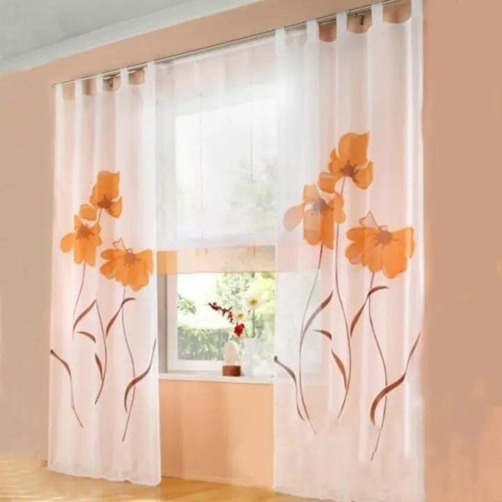 2 pièces rideau écharpe rideau imprimé fleurs rideau pour salon chambre boucle écharpe, largeur 150 cm / hauteur 260 cm, orange- - 1