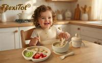FlexiTot – Vajilla silicona bebé antideslizante | Guía Digital 70 recetas BLW | 2 Baberos con mangas, platos silicona con ventosa, cuenco, vaso, cubiertos y chupete fruta, Verde - details 1