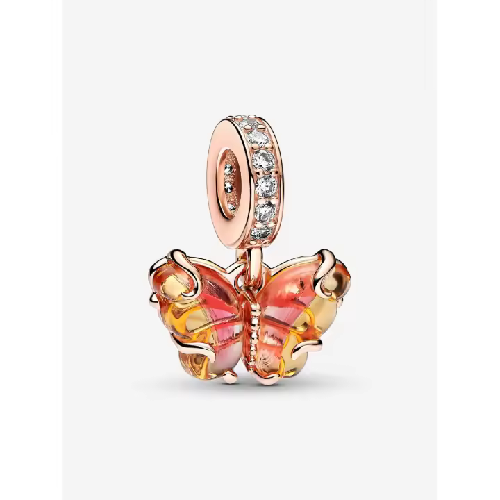 Pandora - Charm Colgante de Mariposa de cristal de Murano Rosa y Amarillo-Baño de Oro Rosa de 14 K - 1
