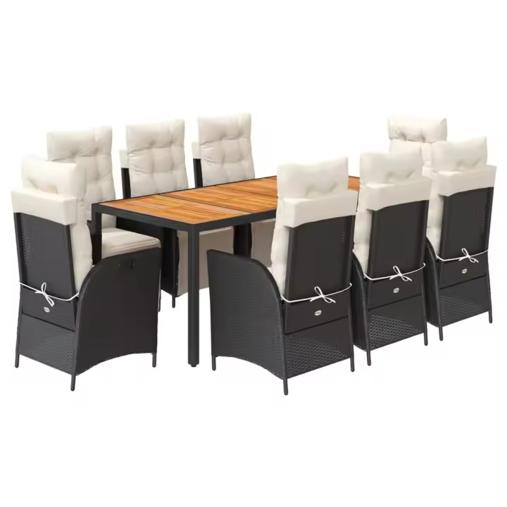 vidaXL Set de comedor de jardín 9 pzas y cojines ratán sintético negro - 1
