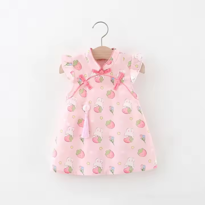 Vestido De Verano Para Bebé Niña Estilo Chino Qipao Con Manzana De Fresa Y Conejo Decorativo Ropa Suave Y Delgada Sin Mangas Para Niños Y Niñas De 1 a 2 Años - 1