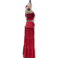 Conjunto Elegante De 2 Piezas Para Mujer Halter Sin Espalda Camisola De Cintura Elástica Con Volantes + Falda Larga De Encaje Sólida Vestido De Noche Para Fiesta Y Vacaciones En La Calle - details 3