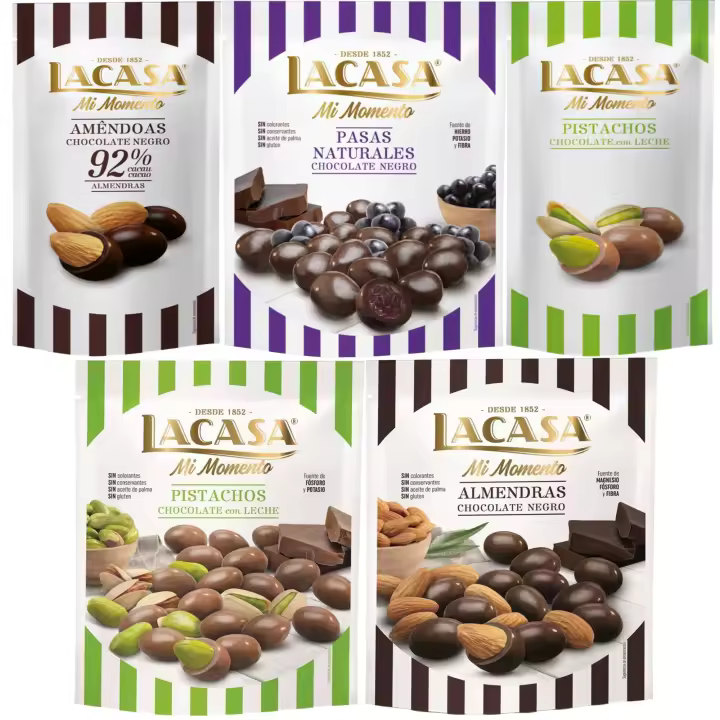 Lacasa Mi Momento pack de 5:Pistacho  Leche 50 G,Almendra 92% 65 G,Pasas  Negro 150 G,Almendra  Negro 125 GPistacho  Leche 100 G - 1