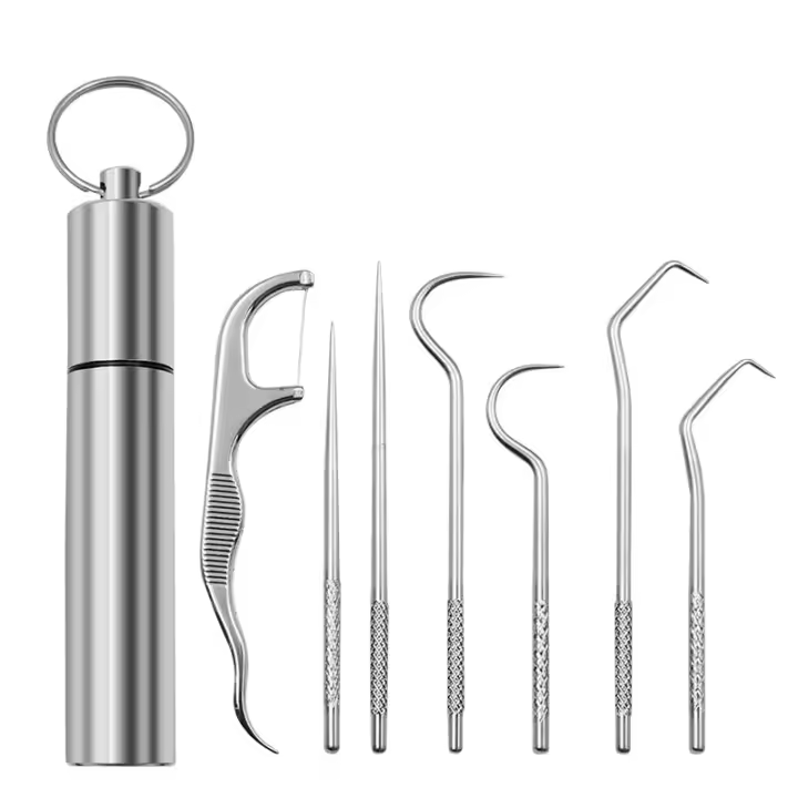 Juego De Set De Dientes De Acero Inoxidable Portátil Soporte Para Palillos De Dientes Herramientas De Limpieza Dental Metálicas Set De Siete Piezas - 1