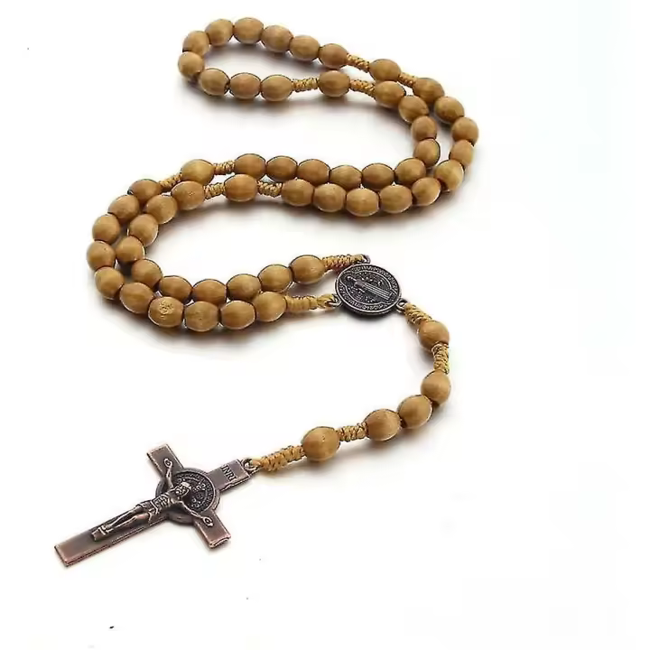 Catholic Cross Rosary Necklace, Natural Wood Prayer Beads With Medal Cross( Light Brown) SXQ - 1