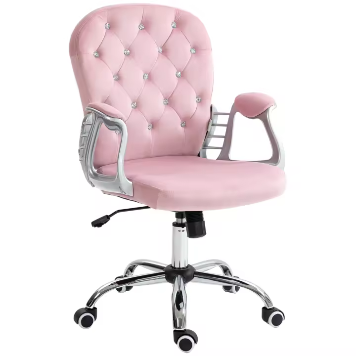 Vinsetto Silla de Escritorio Tapizada en Terciopelo Silla Giratoria con Altura Ajustable Reposabrazos y Decoraciones de Diamantes Carga 120 kg Silla para Estudio Dormitorio 59,5x60,5x93-103 cm Rosa - 1