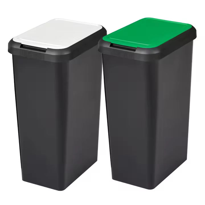 Tontarelli Set 2 Papeleras Touch&lift 90 Litros Color Negro con Tapa Blanca/verde - Pack 2 Cubos de Basura - 1