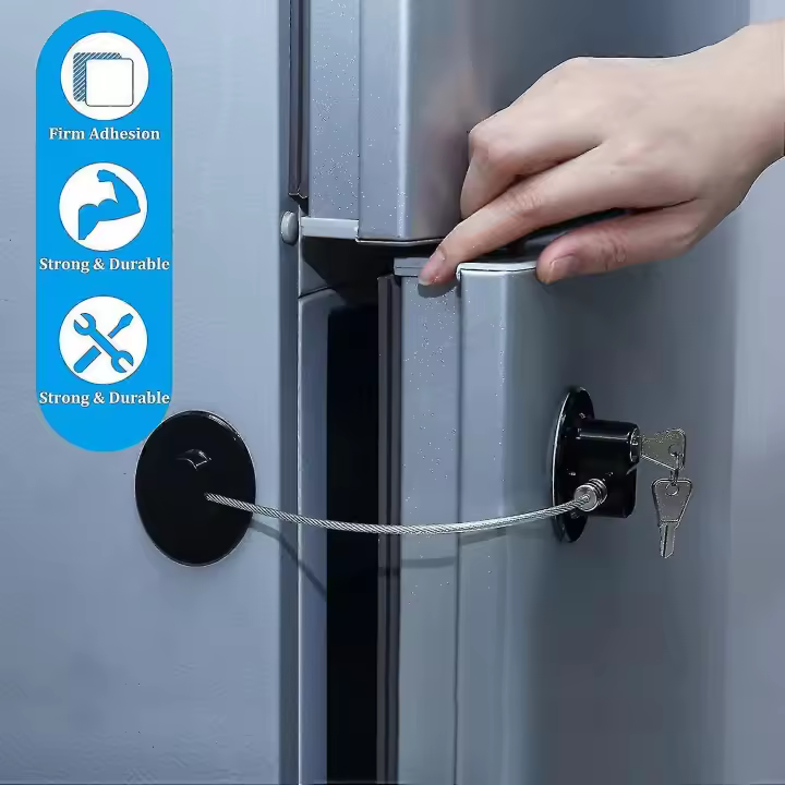 4 estribo del refrigerador de la cerradura del refrigerador con la Llave 8, cerradura del Gabinete DE SEGURIDAD DEL Niño de la cerradura del freezador with El pegamento Para El Aparato de Cocina, muebles abrible, Sli - 1