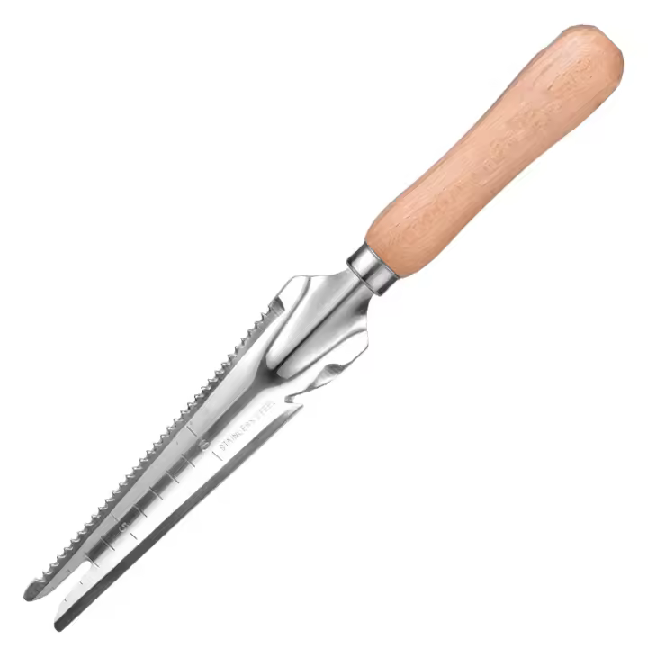 Herramienta de deshierbe manual con mango de madera y cabeza de acero inoxidable con medición, extractor de deshierbe para desmalezar, plantar verduras, flores, excavar, podar 2 piezas - 1