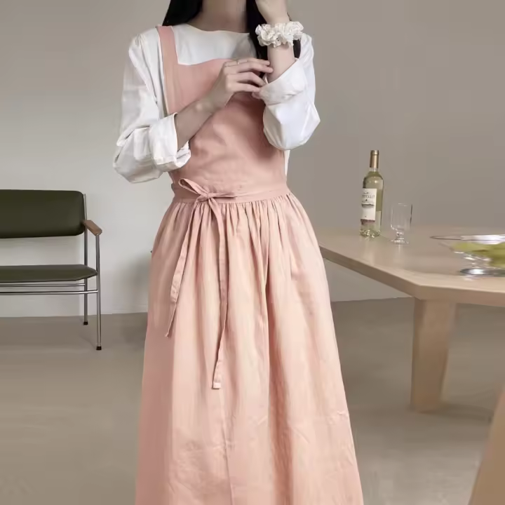 Delantal De Lino Y Algodón Para Mujer Con Bolsillos Y Espalda Cruzada Para Jardinería Y Cocina Estilo Bib Sin Mangas - 1