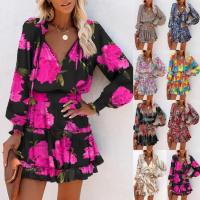 Vestido Mini De Mujer Primavera Moda Con Estampado Floral Manga Larga Cuello V Estilo Casual Vestido De Manga Farol Con Volantes Cintura Ajustada - details 1