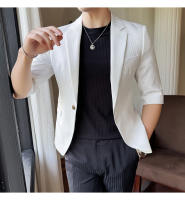 Traje De Verano Para Hombre 2025 De Alta Calidad Con Mangas De Siete Puntos Estilo Moderno Y Elegante Talla M-5XL Azul Rayado Transpirable Y Fresco - details 21