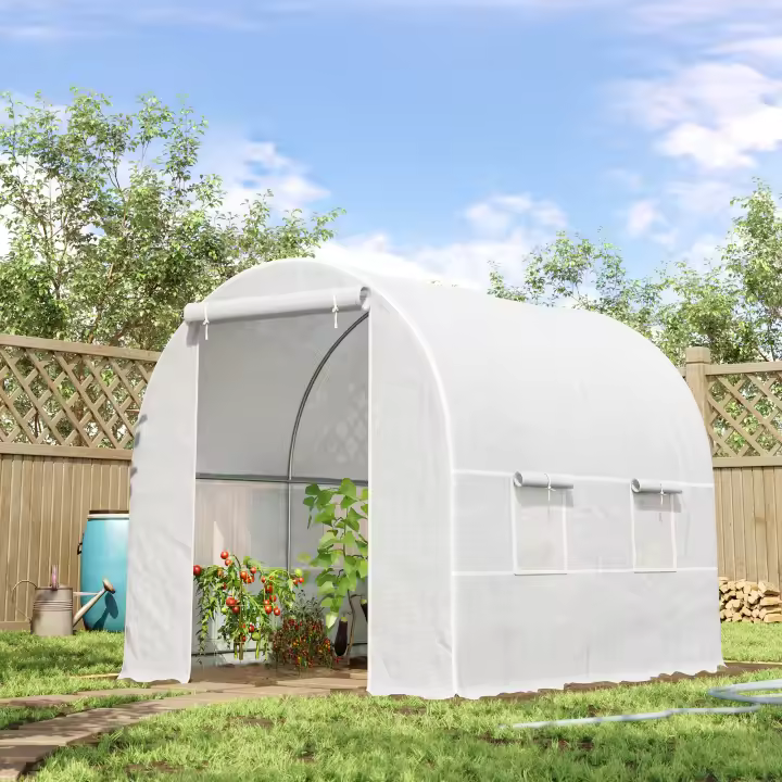 Outsunny Invernadero de Túnel Invernadero de Jardín con Puerta Enrollable y 6 Ventanas Cubierta PE 140 g/m² Anti-UV Marco de Metal para Cultivo Plantas Verduras Blanco - 1