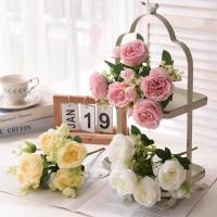 Bouquet De Flores Artificiales Peonía Rosa Púrpura 30cm 5 Cabezas Grandes Y 4 Brotes Pequeños Decoración Para Casamiento Y Hogar - details 2