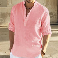 Camisa Casual Para Hombre Algodón Lino Manga Larga Cuello En Pie Moda Ajustada Top Hermoso Para El Hogar Y Compras - details 4