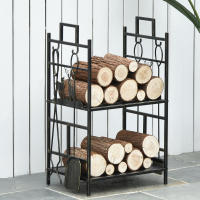 Outsunny Soporte para Leña de Metal de 2 Niveles Estante para Leña con 4 Herramientas y Asas para Chimenea para Interior y Exterior 51,5x33x77 cm Negro Dorado - details 1