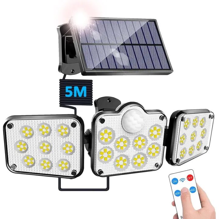 Luz solar exterior de 3 cabezales con sensor PIR, mando a distancia, 138 LED resistente al agua para jardín, almacén o entrada - 1