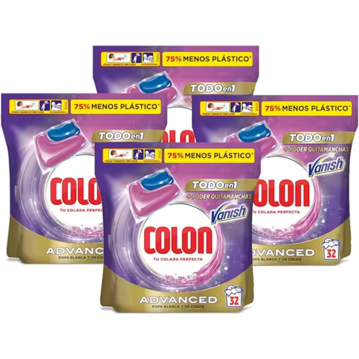 Colon Vanish Advanced (128LAVADOS) Detergente para lavadora con quitamanchas, adecuado para ropa blanca y de color, Formato cápsulas - 4 x 32 lavados - 1