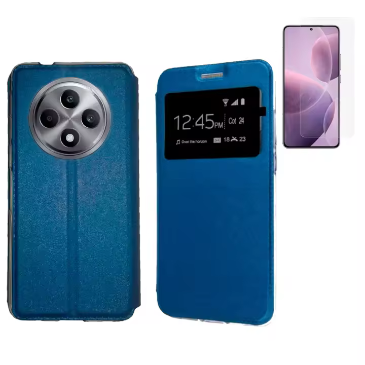 Funda TODOBARATO 24Hours para Oppo Reno 12F (6.67) Ventana de Libro Azul + Protector de Pantalla de Vidrio Templado 9H - 1