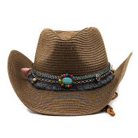 Sombreros De Cowboy De Paja Para Hombres Y Mujeres Protección Solar Estilizado En Denim Estilo Étnico Para La Playa De Primavera Y Verano - details 2
