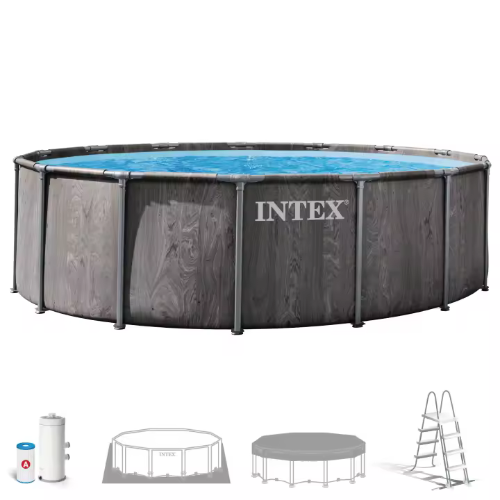 INTEX - Piscina desmontable redonda, Greywood Prism Frame Premium, lona triple capa, estructura metálica anticorrosión, depuradora de cartucho, escalera desmontable, tapiz protector, cobertor, tecnología Hydro Aeration, piscinas redonda desmontable - 1