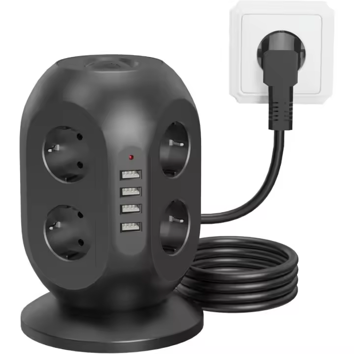 Torre Regletas Enchufes con 8 Tomas y 4 Puertos USB, Regleta Vertical con Interruptor y Protección contra Sobretensión, Cable de 2 m, 2500 W/10 A, Enchufe Múltiple para Hogar u Oficina (Color Negro) - 1