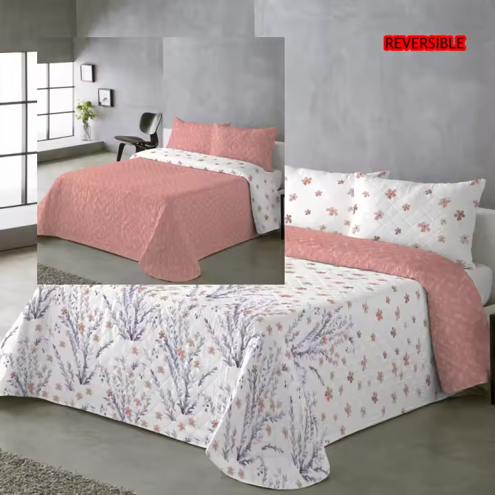 UNIFABRIC HOME TEXTIL Colcha Bouti Primavera Verano Reversible Color Coral Mod.VARELIA  Cama 90 ,105,135 y 150  Ligeras y Suaves ,Incluye fundas de cojín,Termosellada No hace bolitas y fácil planchado - 1