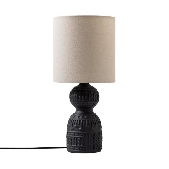 Ledkia Lámpara de Mesa Cerámica Hulun para Decoración étnica con Base Negra y Pantalla Beige - 1