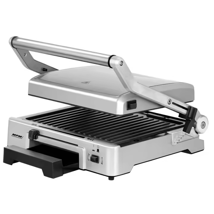 MPM MGR-10M Parrilla Eléctrica Doble Contact Grill Tapa Basculante Adaptable Altura, Regulador Temperatura, 2000W, Plata - 1