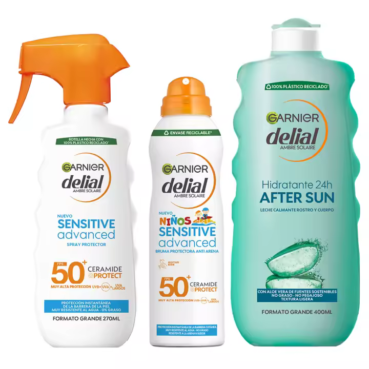 GARNIER | Delial Spray Protector Sensitive Advanced Adultos crema solar para pieles claras, sensibles e intolerantes al sol IP50+ + Bruma Protectora Anti Arena para pieles sensibles. Muy resistentes al agua + After Sun Leche Cara y Cuerpo - 270+150+400ML - 1