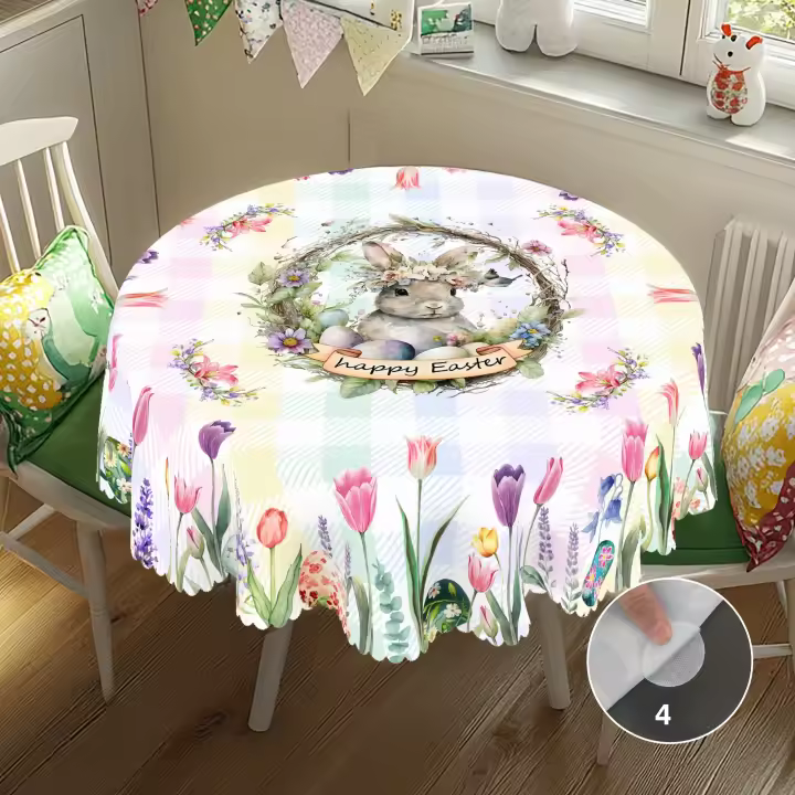 Mantel Redondo De Pascua Con Estampado De Tulipanes Conejitos Y Huevo En 5 Tamaños Disponibles Decoración De Jardín De Primavera Para Uso Diario En Cocina Terraza - 1