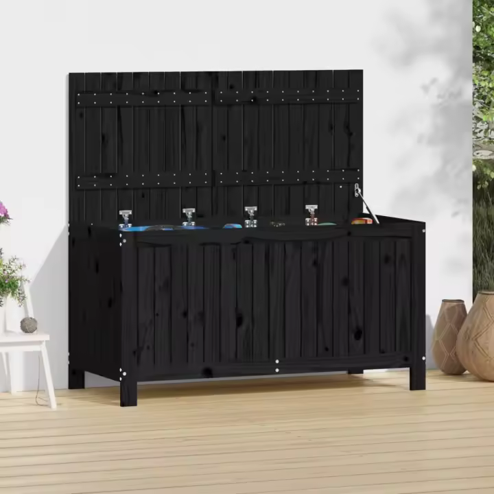 vidaXL Caja de almacenaje jardín madera de 121x55x64 cm en color Pino negro/Pino gris/Pino marrón miel y más - 1