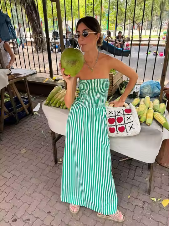 Vestido Maxi Verde Rayado Para Mujer 2024 Estilo Playa Sin Mangas Hombros Descubiertos Cuello Alto Ajuste Elasticidad Casual Moda Verano Vestido Longo - 1