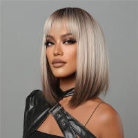 Pelucas Sintéticas Cortas Y Rectas Para Mujeres De Color Rubio a Marrón Ombre Con Flequillo Peluca Bob Resistente Al Calor Para Cosplay Diario Y Fiestas Falso Cabello Tamaño Promedio - details 6