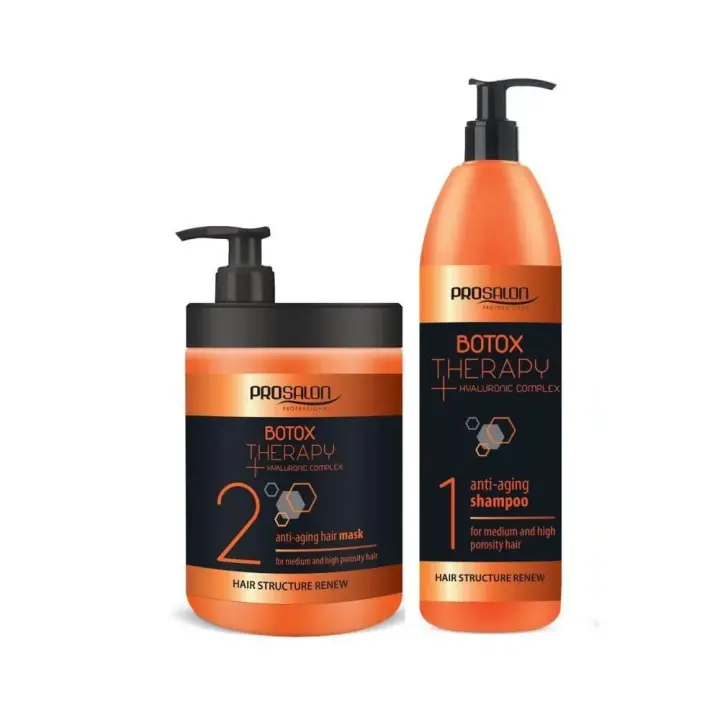 Pack de  Champú y Mascarilla de Botox Therapy + Hyaluronic Complex , Prosalon Professional, Para cabello con porosidad media y alta. Pack Regenerador de la estructura  capilar. Con Ácido Hialurónico, Oligoelementos y Aceite de Tsubaki. Uso Profesional. - 1
