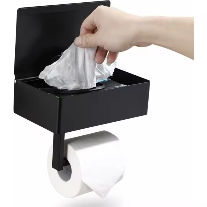 Soporte de papel higiénico con estante, dispensador de toallitas húmedas y almacenamiento para baño, organizador de pared de acero inoxidable - 1