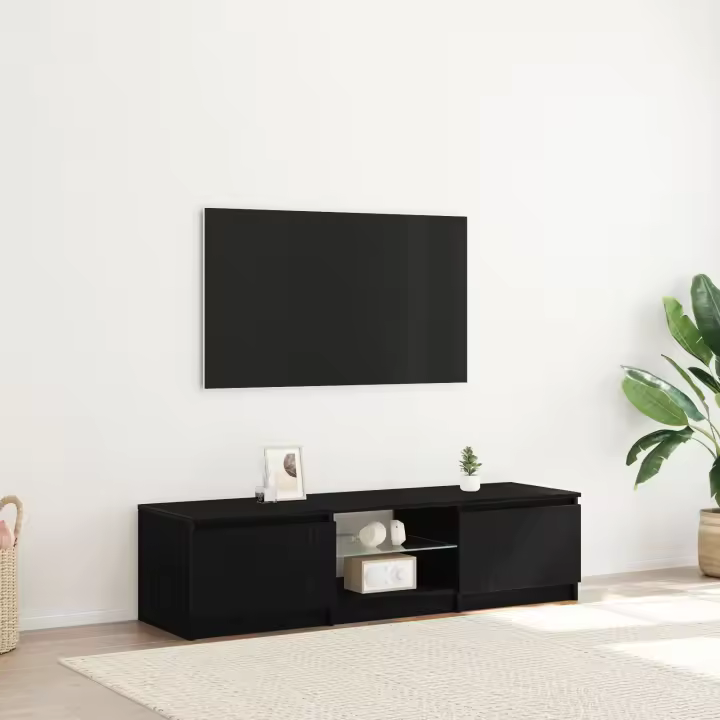 Mueble de TV vidaXL con luces LED, negro y roble, 140x40x35.5 cm, de madera - 1