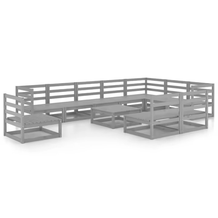 vidaXL Juego de muebles de jardín 11 pzas y cojines gris madera pino - 1