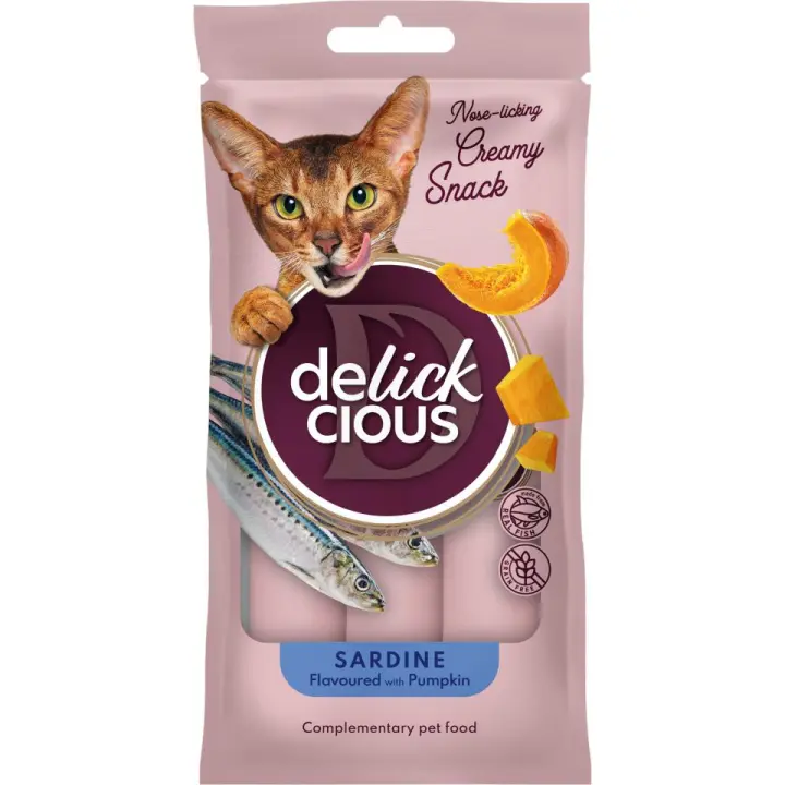 DELICKCIOUS - Snack cremoso-sabor a sardina y calabaza. Alimento complementario para gatos. PACK 6 bolsas de 60g o Pack 12 bolsas de 60g - 1
