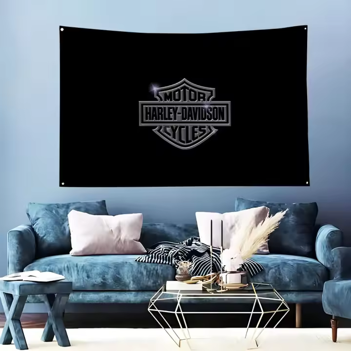 Bandera De Harley Davidson H Para Decoración De Habitaciones Y Salas Con 4 Agujeros Material Poliéster Y Bambú Para Exteriores Y Oficinas - 1