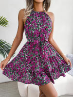 Vestido De Verano Casual Para Mujer Con Estampado Floral Y Volantes Estilo Halter Largo Mini Polyester Slim Fit Y Flare - details 3