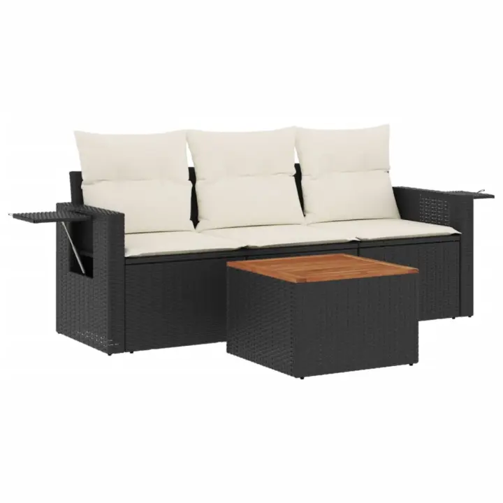 vidaXL Juego de sofás jardín 4 pzas con cojines ratán sintético Negro, Negro y crema, beige and cream Conjunto Terraza Muebles Jardín Exterior Juego de Muebles de jardín Mueble Jardín Exterior Muebles de Salon Exterior - 1