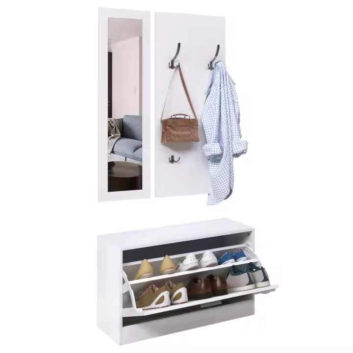 HOMCOM Conjunto de Muebles de Entrada Recibidor Pasillo Set de 3 Piezas Zapatero Espejo Perchero con 4 Ganchos para Colgar Ropa 80x27x46,5cm Blanco - 1